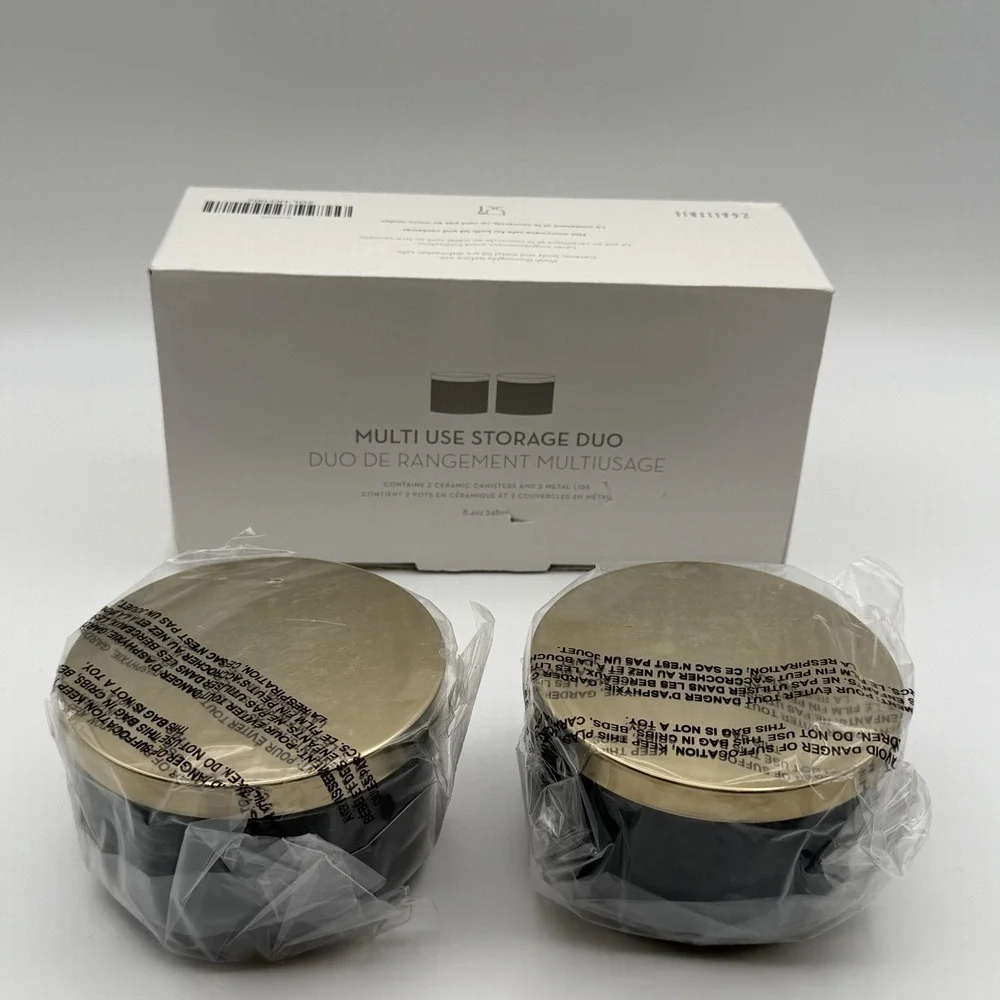 Z Gallerie Multi Use Storage Duo Set of 2 Ceramic Canisters Gold Metal Lids